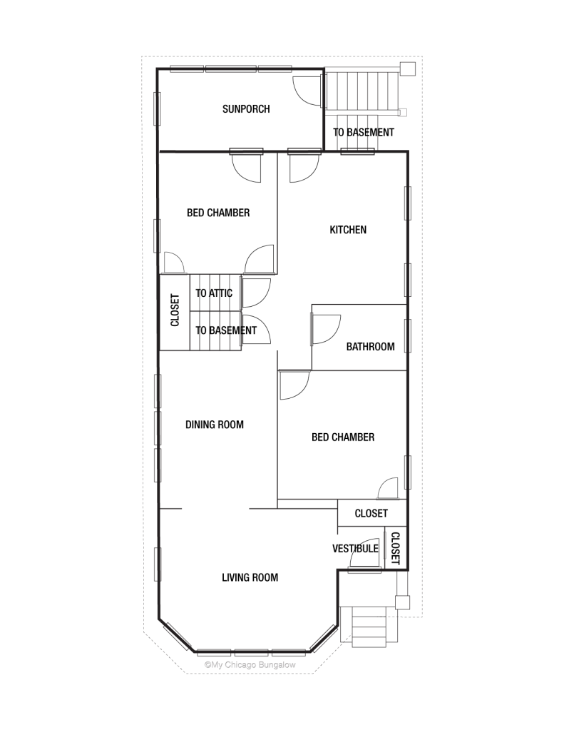 First floor plan of a two bedroom one bathroom Chicago bungalow